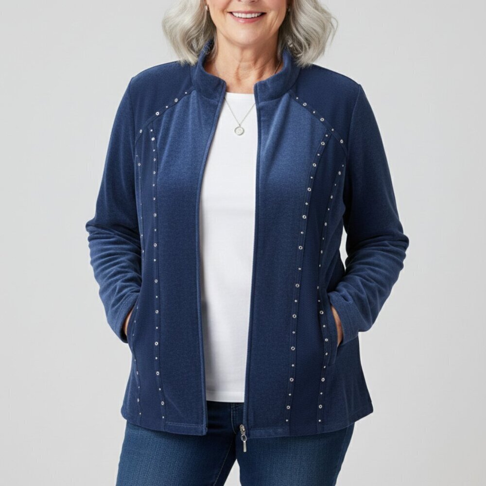 Alfred Dunner Blue Stud Detailed Zip-Up 18W Velour Jacket